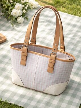 Coach Pink & White Plaid Tote with Tan Trim